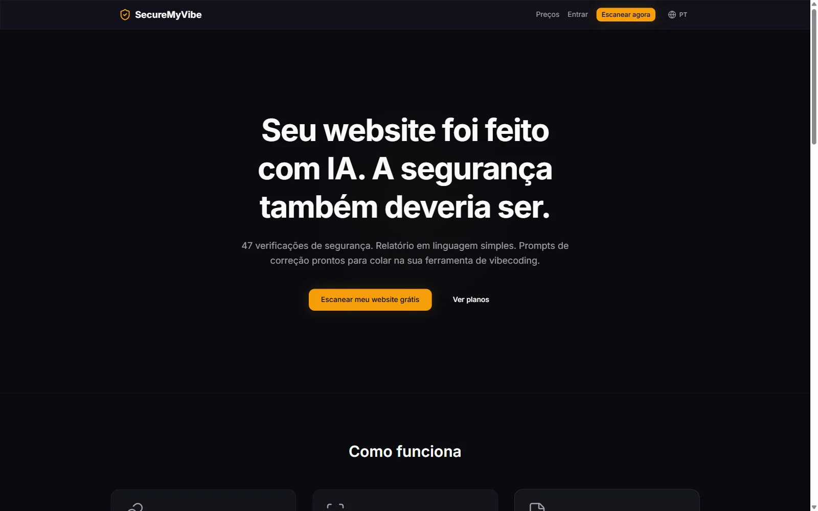 Página inicial do SecureMyVibe anunciando 47 verificações de segurança e relatório em linguagem simples