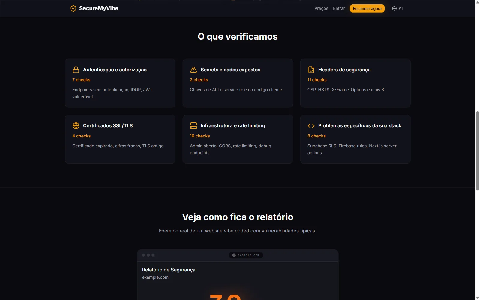 Os seis grupos de verificação do SecureMyVibe: autenticação, secrets expostos, headers, SSL/TLS, infraestrutura e problemas específicos da stack
